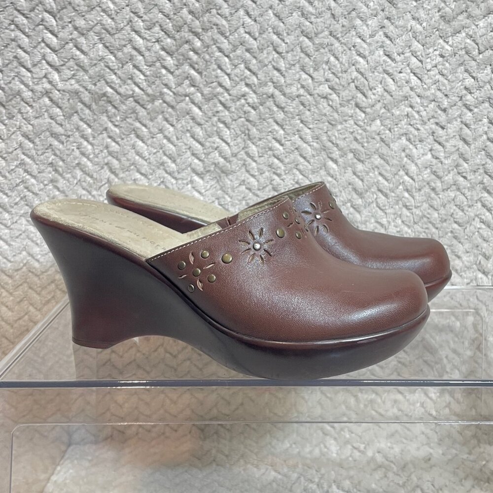 Tommy Hilfiger Brown Leather Platform‎ Floral Mules Women size 7.5 Y2K Boho